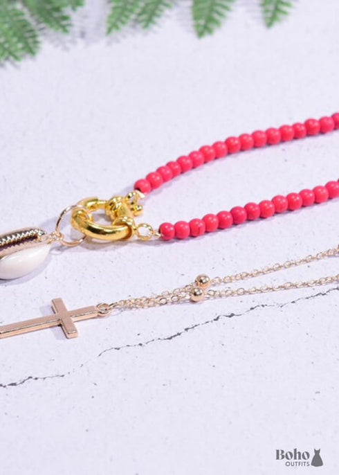 Boho Necklace, Seed Bead Choker, 2 Layers Cross & Shell
